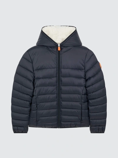 Shop Save The Duck Lightweight Boy's Hooded Jacket In Giga With Synthetic Lambskin Lining In Black