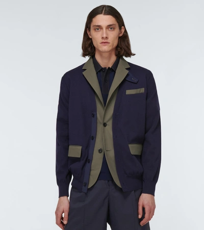 Shop Sacai Knit X Suiting Cardigan In Blue