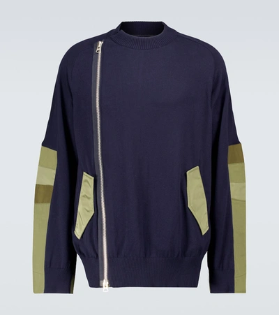 Shop Sacai Knitted Blouson Jacket In Blue