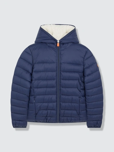 Shop Save The Duck Lightweight Boy's Hooded Jacket In Giga With Synthetic Lambskin Lining In Blue