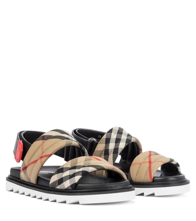 Shop Burberry Vintage Check Cotton And Leather Sandals In Beige