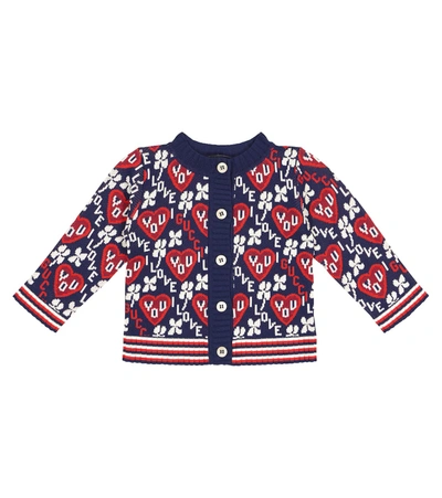 Shop Gucci Baby Cotton-blend Jacquard Cardigan In Blue