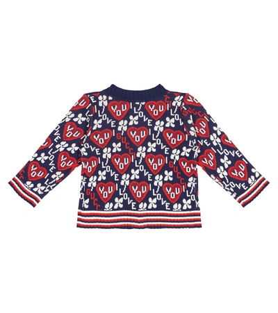 Shop Gucci Baby Cotton-blend Jacquard Cardigan In Blue