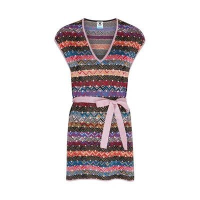 Shop M Missoni Striped Belted Metallic-knit Tank In Multicoloured