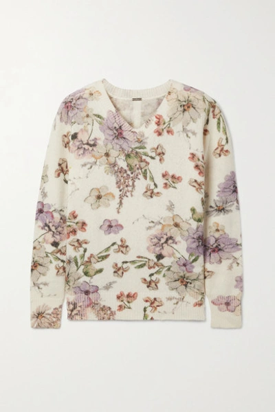 Shop Adam Lippes Floral-print Cashmere And Silk-blend Sweater In White