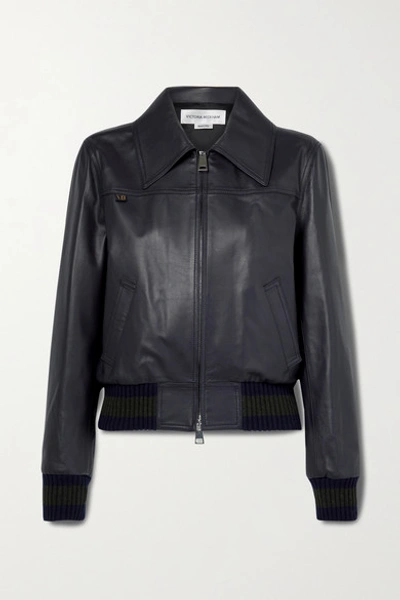 Shop Victoria Beckham Leather Bomber Jacket In Midnight Blue