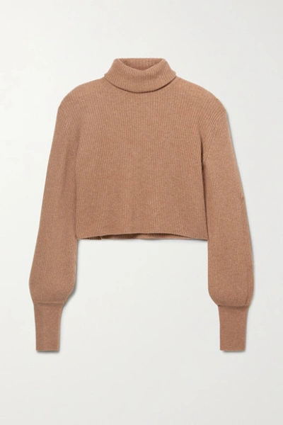 Shop Reformation + Net Sustain Luisa Cropped Ribbed Recycled Cashmere-blend Turtleneck Sweater In Camel