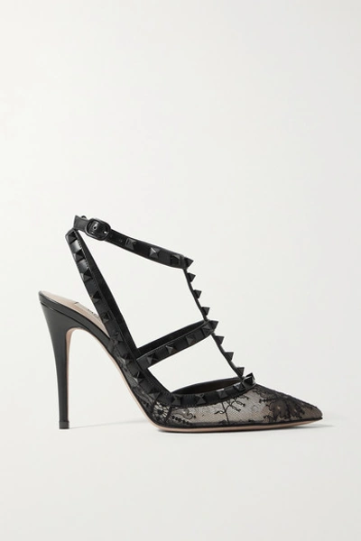 Shop Valentino Garavani Rockstud 100 Leather-trimmed Lace Pumps In Black