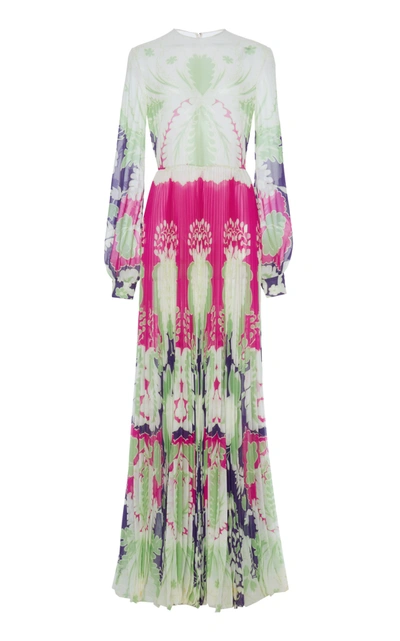 Shop Valentino Women's Puff-sleeve Pleated Printed Silk Gown
