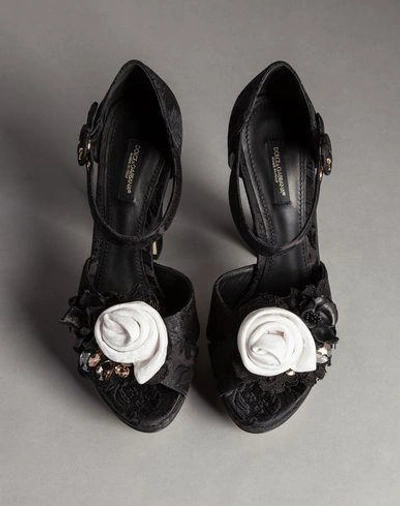 Shop Dolce & Gabbana White Brocade Sandal With Flower Brooch In Black