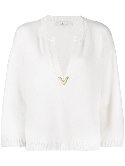 Shop Valentino Logo-plaque V-neck Jumper In White