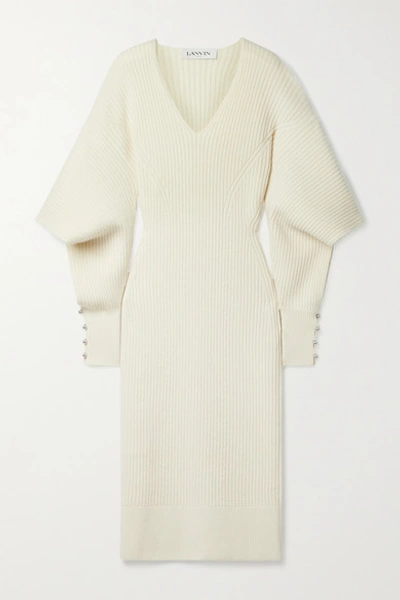 Shop Lanvin Cutout Embellished Ribbed Wool And Cashmere-blend Midi Dress In Cream