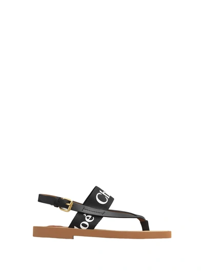 Shop Chloé Logo Print Leather Sandals In Black