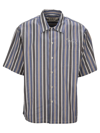 Shop Marni Striped Cotton Bowling Shirt In Blu Brown Stripes