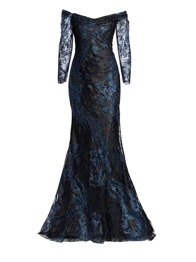 Shop Rene Ruiz Collection Women's Embroidered Tulle Off-the-shoulder Gown In Black Cobalt