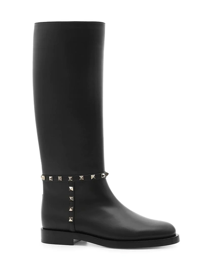 Shop Valentino Garavani Tall Leather Rockstud Boots In Black