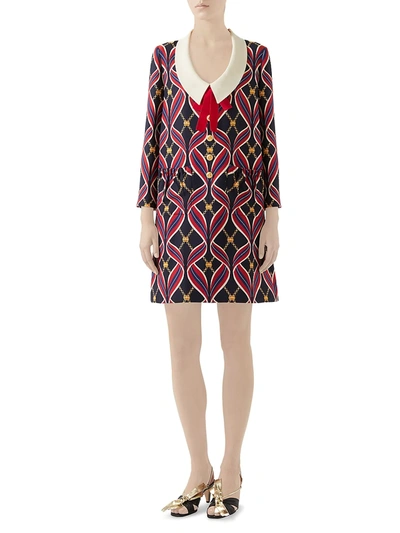 Shop Gucci Women's Flying Ribbon Print Cady Shift Dress In Blue Red