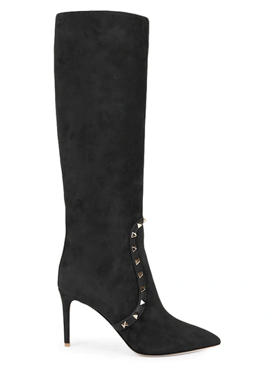 Shop Valentino Garavani Rockstud Suede High-heel Tall Boots In Black