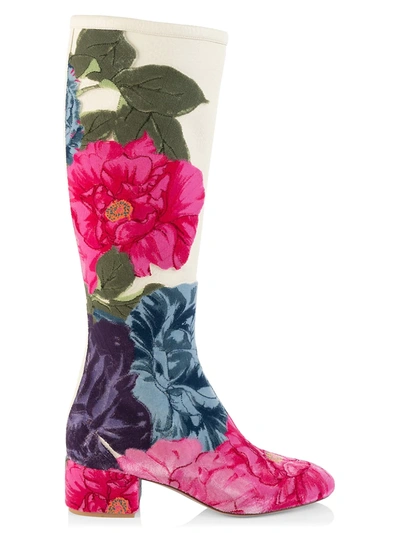 Shop Valentino Garavani Embroidered Cammelia-print Leather Tall Boots In Light Ivory