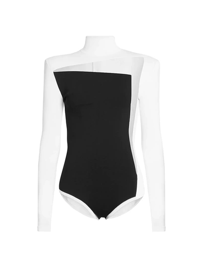 Shop Balmain Women's Tulle-cutout Bodysuit In Blanc Noir