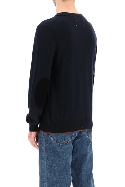 Shop Maison Margiela Crew Neck Sweater With Elbow Patches In Blue,brown