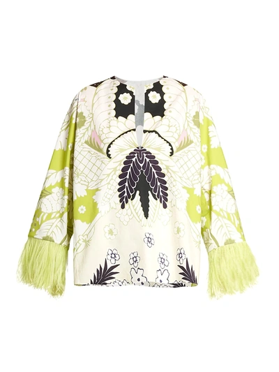Shop Valentino Tapestry Feather-trimmed Cotton Blouse In Lime Multi
