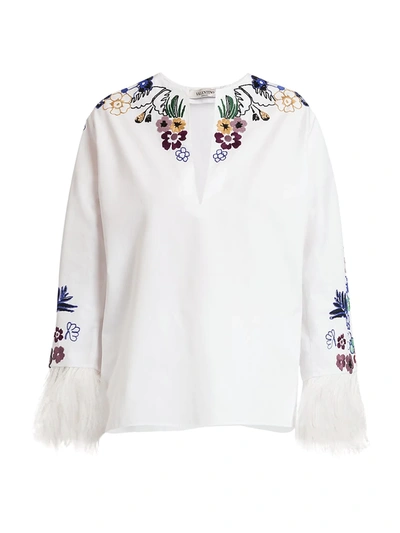 Shop Valentino Tapestry Feather-trimmed Embroidered Cotton Peasant Blouse In Bianco Multi