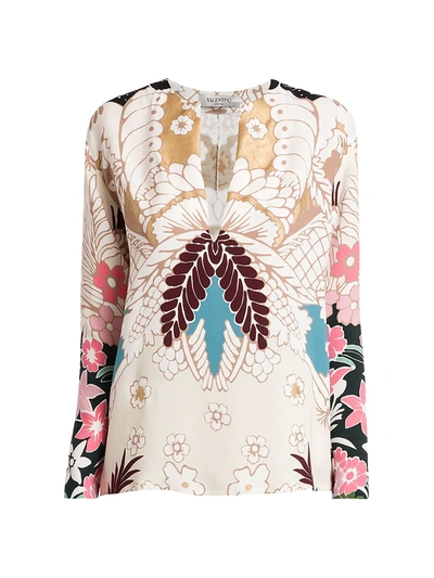 Shop Valentino Tapestry Silk Top In Blue