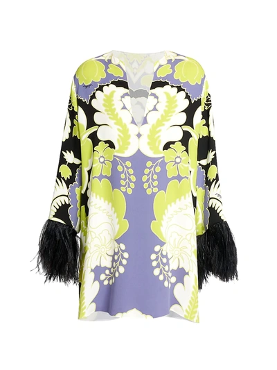 Shop Valentino Tapestry Feather-trimmed Silk Mini Dress In Nero Lime