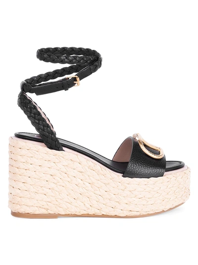 Shop Valentino Women's Vlogo Leather Espadrille Platform Wedge Sandals In Nero