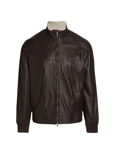 Shop Brunello Cucinelli Classic Leather Bomber Jacket In Dark Brown