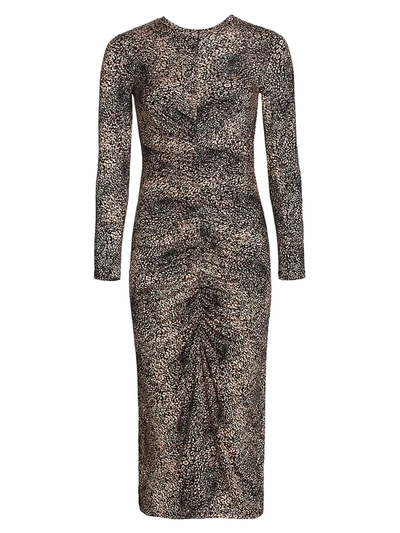Shop Joie Aja Leopard Print Long-sleeve Ruched Midi Dress In Petal