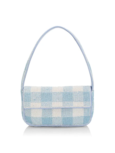Shop Staud Tommy Gingham Beaded Baguette In Arctic Blue White