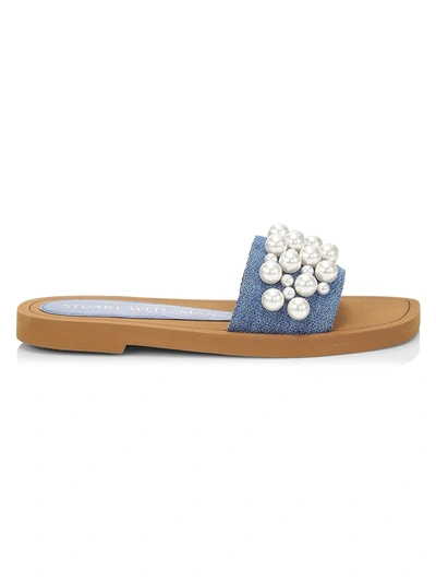 Shop Stuart Weitzman Goldie Embellished Denim Slide Sandals In Blue