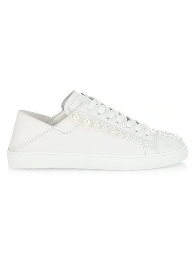 Shop Stuart Weitzman Women's Goldie Pearl Embellished Leather Sneakers In White