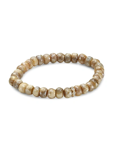 Shop Sydney Evan 14k Two-tone Gold, Golden Moonstone & Diamond Pyramid Spike Rondelle Beaded Bracelet In Tan