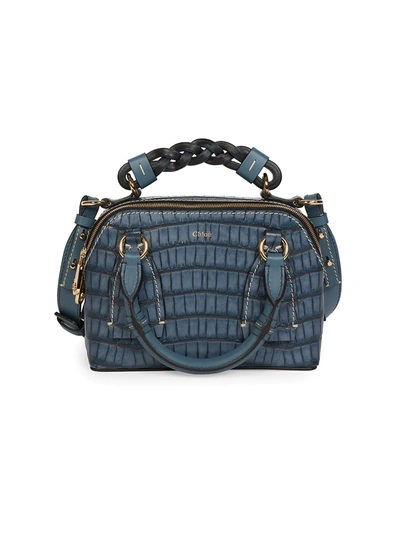 Shop Chloé Daria Croc-embossed Leather Satchel In Mirage Blue