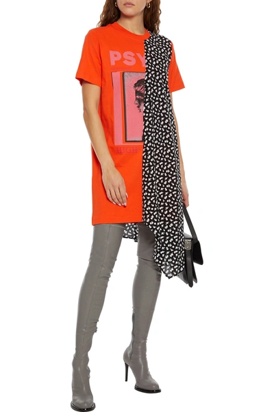 Shop Mcq By Alexander Mcqueen Draped Crepe De Chine-paneled Printed Cotton-jersey Mini Dress In Orange