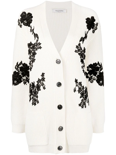 Shop Valentino Oversized Lace Inserts Cardigan In White