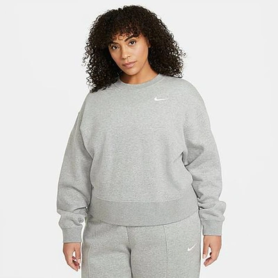 Shop Nike Women's Sportswear Essential Fleece Crewneck Sweatshirt (plus Size) In Dark Grey Heather/matte Silver/white