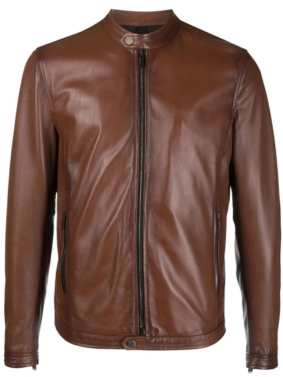 Shop Tagliatore Collarless Leather Jacket In Brown