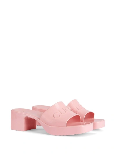 Shop Gucci Slider Logo Rubber Mules In Pink