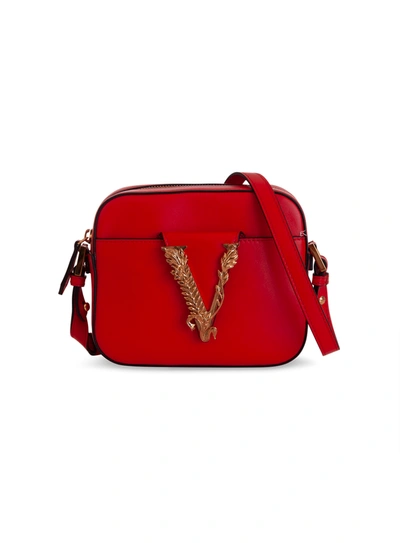 Shop Versace Leather Shoulder Bag With V Virtus In Rosso