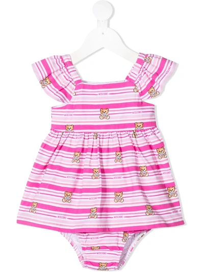 Shop Moschino Teddy Bear Horizontal-stripe Mini Dress In Pink