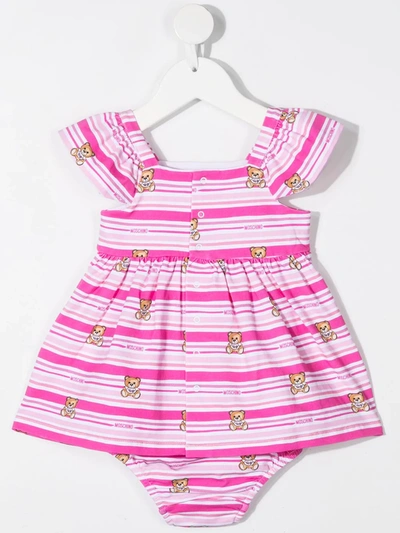 Shop Moschino Teddy Bear Horizontal-stripe Mini Dress In Pink