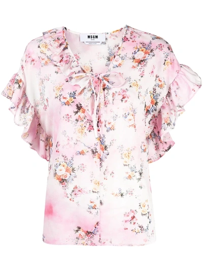 Shop Msgm Floral-print Tie-neck Blouse In Pink