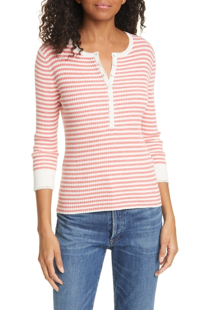 Shop La Vie Rebecca Taylor Stripe Cotton & Linen Blend Henley Sweater In Blossom Co