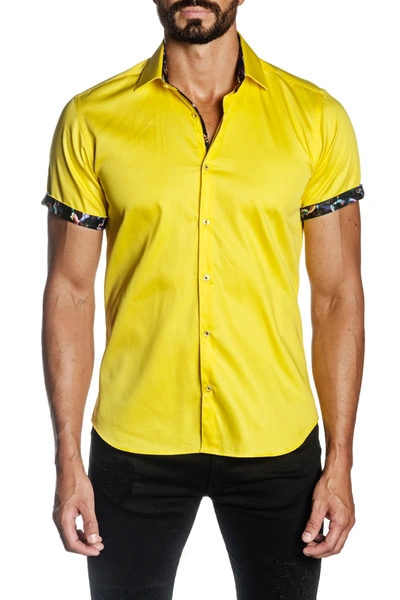 Shop Jared Lang Woven Short Sleeve Trim Fit Shirt In Yellow