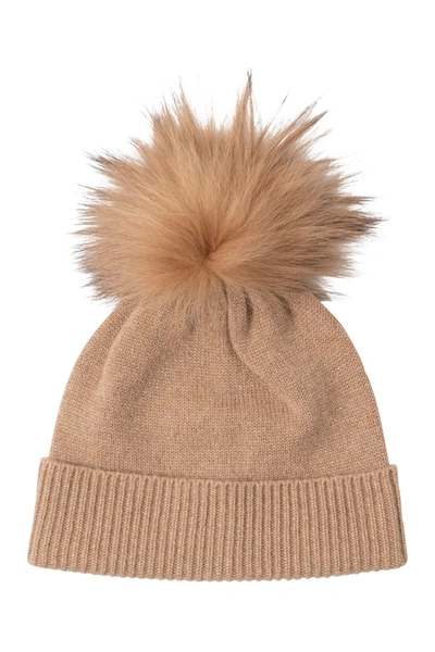 Shop Amicale Cashmere Cuffed Lurex Hat With Genuine Fox Pom In 251cam