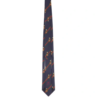 Shop Gucci Navy Silk Gg Web Crest Tie In 4166 Navy/d